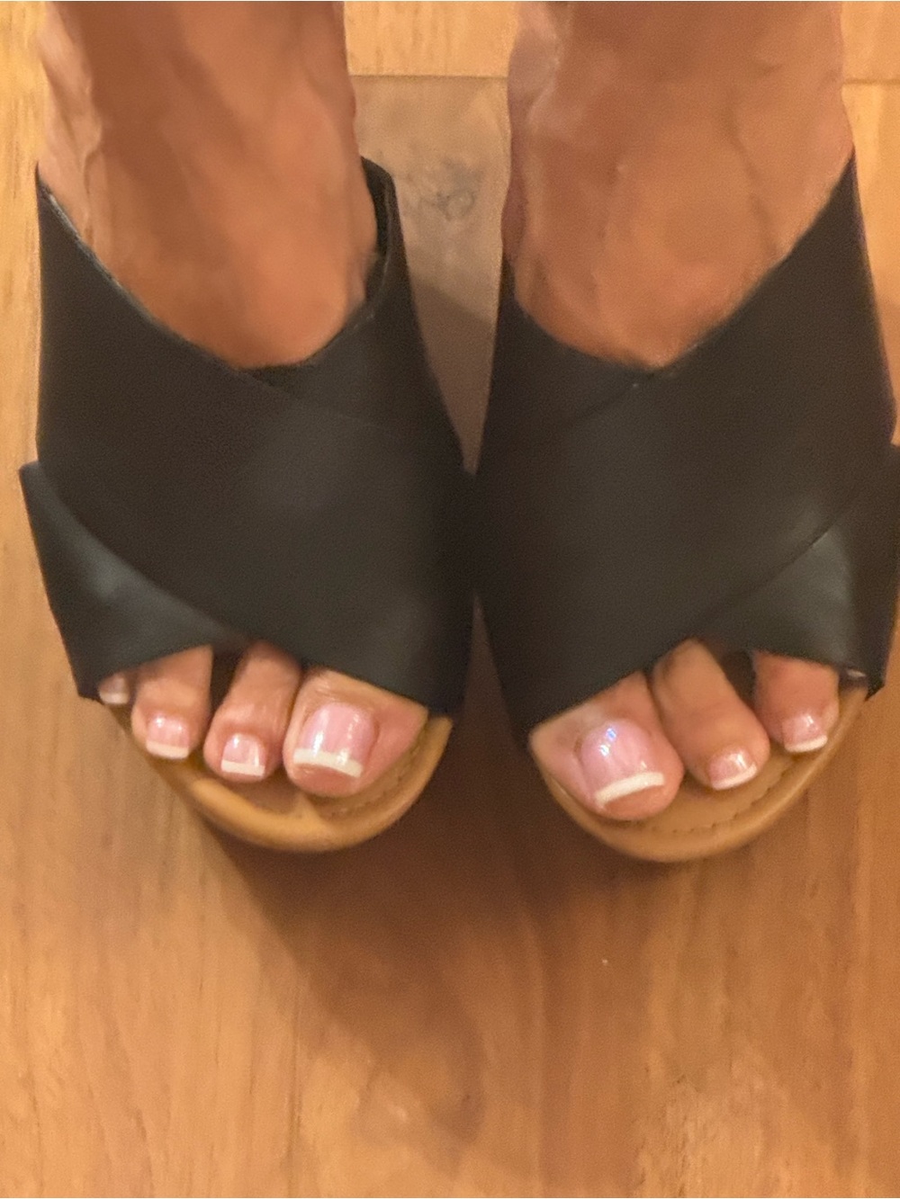 Candie's Black Cross-Band Wedge Slide Sandals